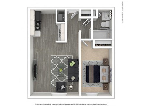 Floor plan for 1 bed, 1 bath, 515 sqft